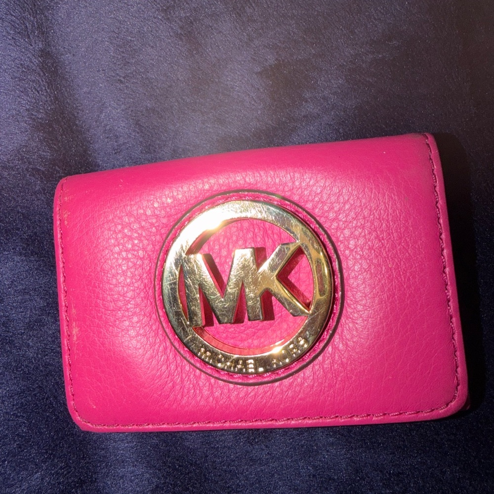 Michael Kors Fuchsia Leather Card Case with Gold MK Emblem
